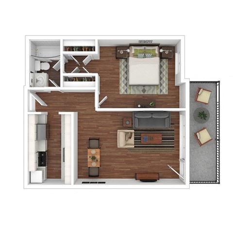 Floor plan for 1 bed, 1 bath, 598 sqft